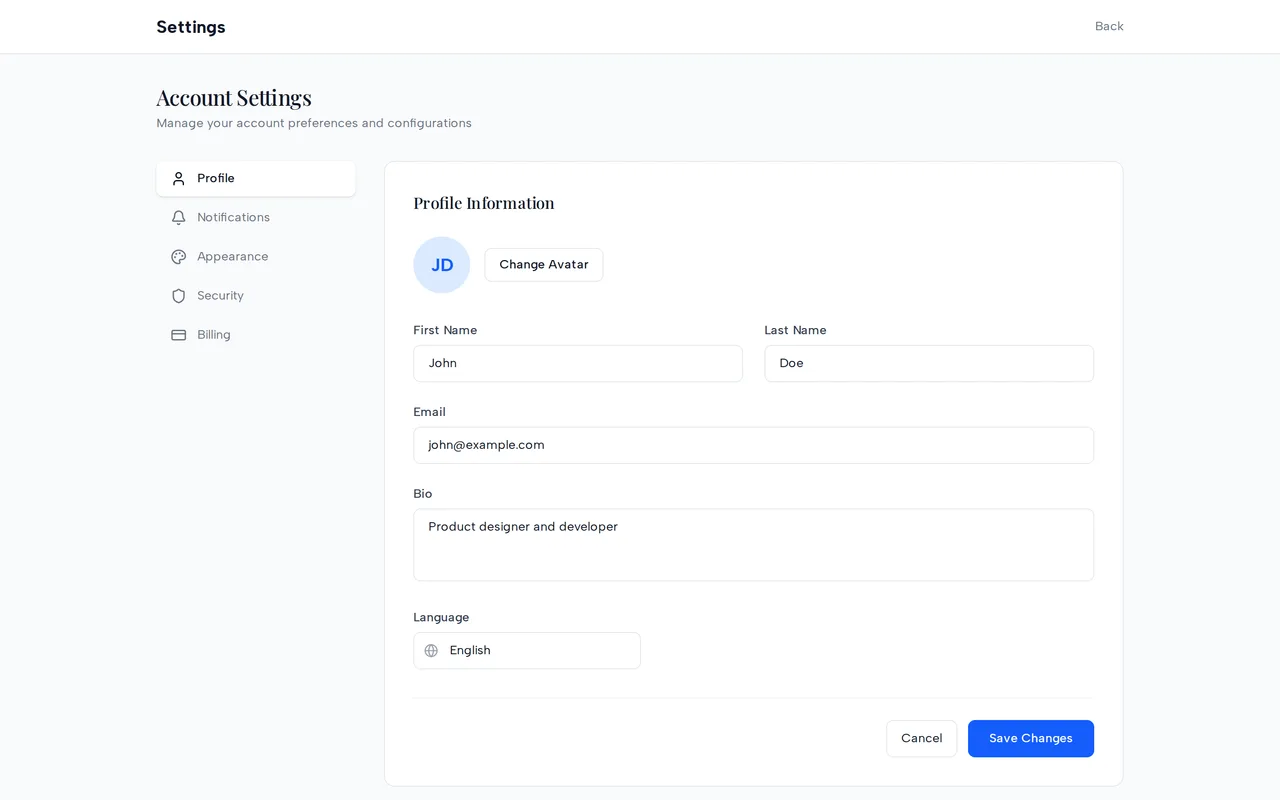 Settings Page preview
